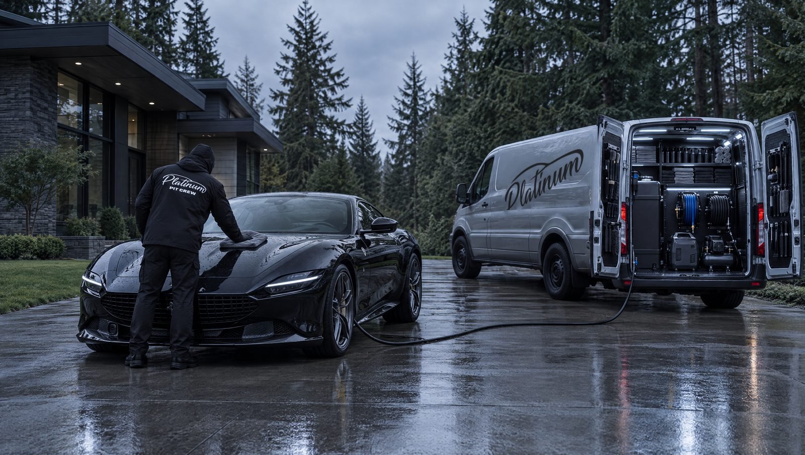 A Platinum technician dries a black Ferrari in a home driveway while the Platinum van, parked apart at the curb, stands open with its onboard shop