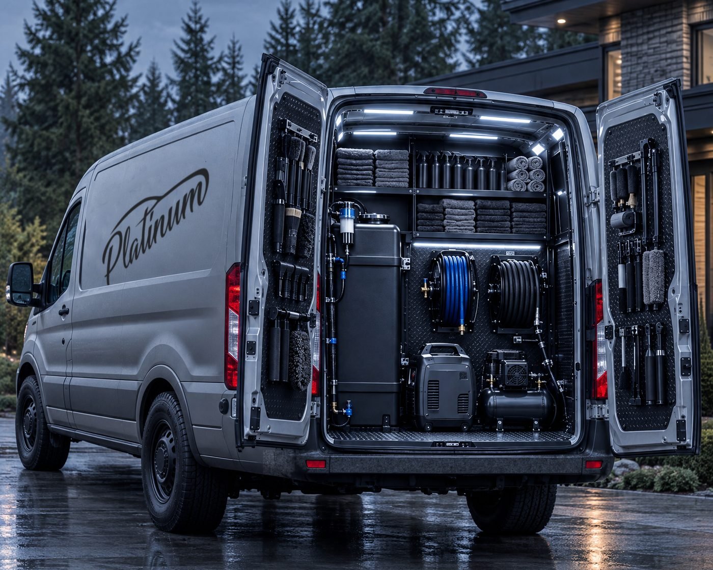 A Platinum van with its rear doors open to an onboard water tank, generator, air compressor, hose reels, towel shelves and door-mounted tools
