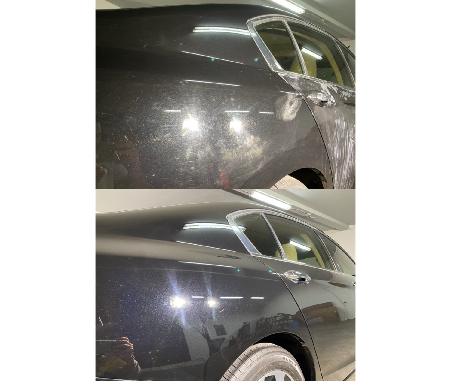 Before correction: visible swirls around inspection-light reflections on a dark sedan