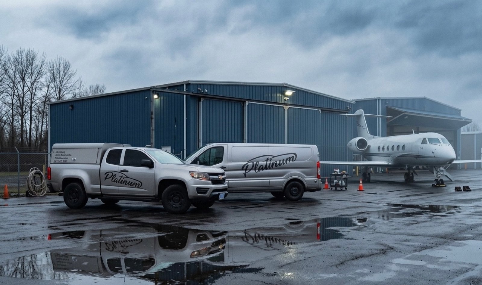 Platinum Auto Care mobile detailing fleet trucks at aviation hangar with private jet — Portland Oregon