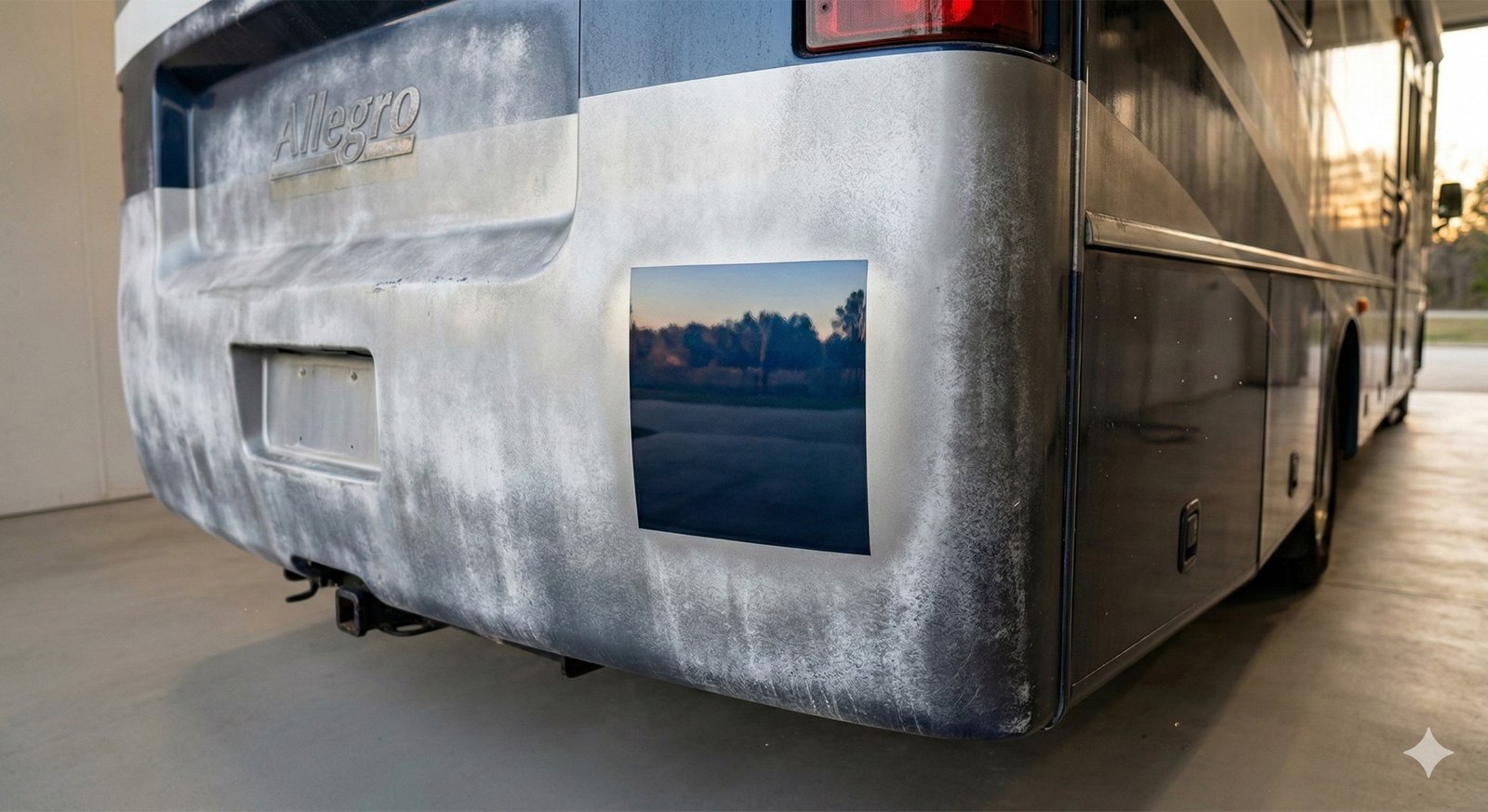 RV before oxidation removal — chalky, faded gel coat
